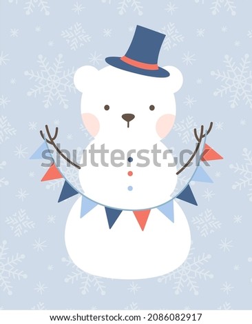Snowman vector illustration. Isolated white polar bear clip art. Cute Christmas character. Flat winter design.