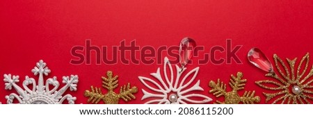 Christmas background with festive decoration, snowflake toys. Festive background with copyspace. Banner.