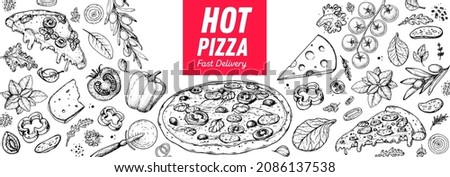 Italian pizza and ingredients. Italian food menu design template. Pizzeria menu design template. Vintage hand drawn sketch vector illustration. Engraved image. Royalty-Free Stock Photo #2086137538