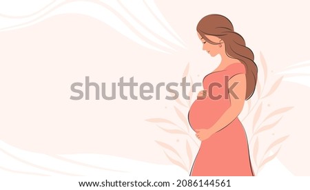 Banner about pregnancy and motherhood with place for text. Pregnant woman, future mom hugging belly with arms. Vector illustration. Royalty-Free Stock Photo #2086144561