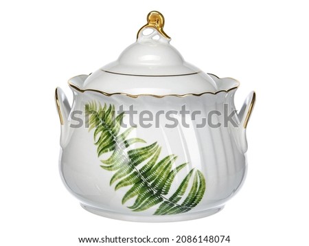 Classic Vintage ceramic porcelain soup tureen on white. Dishes pot vase use for table setting and feast. Royalty-Free Stock Photo #2086148074