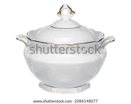 Classic Vintage ceramic porcelain soup tureen on white. Dishes pot vase use for table setting and feast. Royalty-Free Stock Photo #2086148077