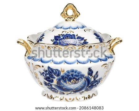 Classic Vintage ceramic porcelain soup tureen on white. Dishes pot vase use for table setting and feast. Royalty-Free Stock Photo #2086148083