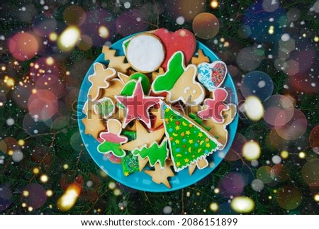 Merry Christmas and happy New Year card celebration background with christmas tree cookies, Gingerbread Sweet	
