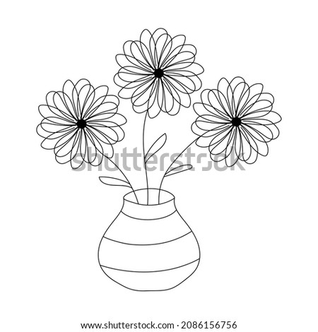 bouquet of three flowers in a ceramic vase, black line isolated on a white background, flat illustration, greeting card concept, hand drawing, design element