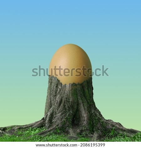 Egg placed in an old tree with roots. Easter concept idea.
