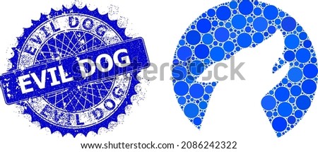Wolf vector collage of round dots in different sizes and blue color tints, and distress Evil Dog stamp seal. Blue round sharp rosette stamp seal includes Evil Dog tag inside it.