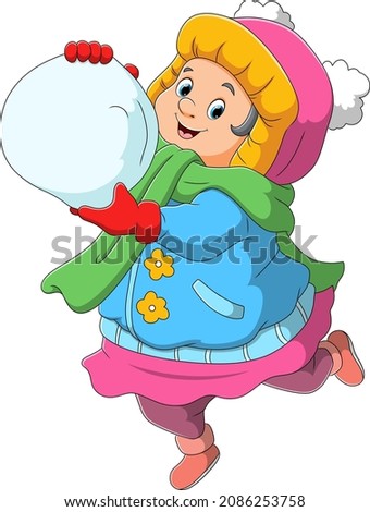 The girl is making a big snowball with her hand of illustration