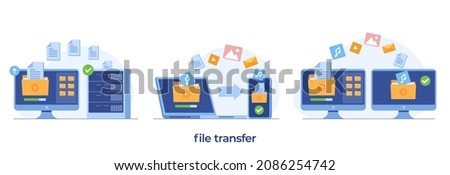 file transfer concept, backup data, document save on storage, technology cloud, upload and download, flat illustration vector template Royalty-Free Stock Photo #2086254742