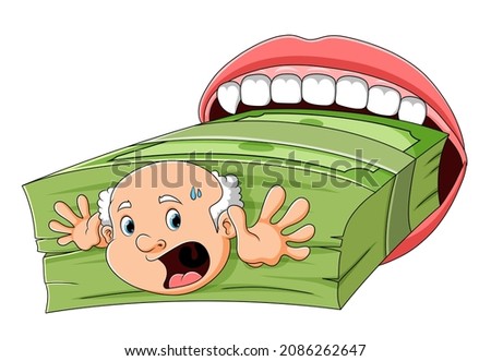 The old man with money is been eaten by the mouth of illustration
