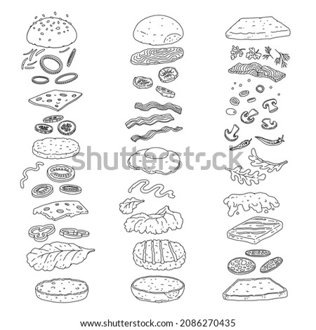 Set of food ingredients for burger and sandwich. Schemes for fast food with vegetables, bread and sauce, doodle cartoon vector illustration isolated on white background. Royalty-Free Stock Photo #2086270435