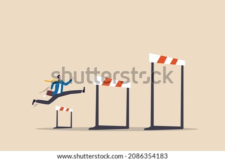 Business challenge, overcome difficulty or obstacle to achieve business success, effort, skill or aspiration to solve problem concept, ambitious businessman jump over hurdles to find higher obstacles. Royalty-Free Stock Photo #2086354183
