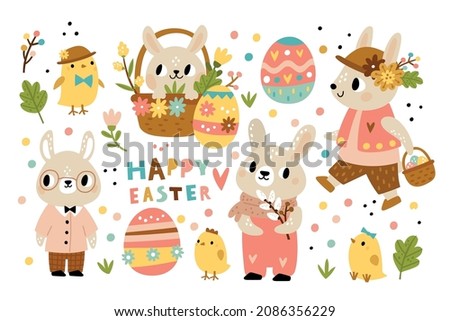 Cute rabbits. Funny bunnies and chickens with Easter patterned eggs. Flower and leaves. Festive hunter with basket. Animals in clothes finding gifts. Spring holiday