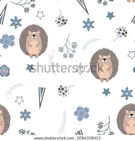 Forest hedgehog seamless pattern for children with plants