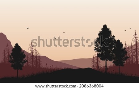 What a beautiful view of the mountains from the village city at dusk. Vector illustration of a city