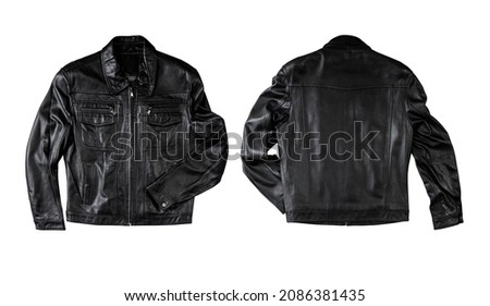 Black leather jackets isolated on white. Front and back views. Royalty-Free Stock Photo #2086381435