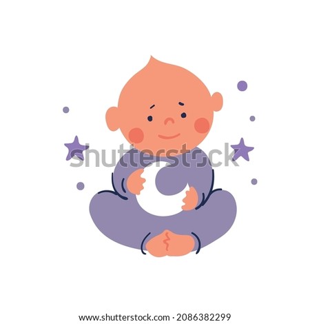 Cute kid holds the moon in his hands. Flat cartoon character for baby nursery design, such dreams. Vector flat cartoon illustration isolated on white background.