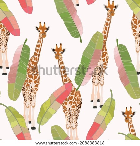 Giraffe animal with tropical bananas leaves. Cartoon exotic seamless illustration repeating pattern on vintage light background. Floral wallpaper.