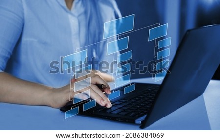 Relations of order or subordination between members. Virtual screen Mindmap or Organigram. Business process and workflow automation with flowchart. Business hierarchy structure.  Royalty-Free Stock Photo #2086384069