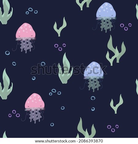 Seamless pattern with cute cartoon colorful jellyfish with sea plant and bubbles under water. Ocean vector background for decor, fabric, scrapbooking, textile and much more.
