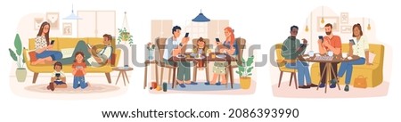 Smartphone addiction of people, isolated characters using gadgets and devices. Vector family at home sitting by table looking at screens, friends gathered in cafe or restaurant avoid talking Royalty-Free Stock Photo #2086393990