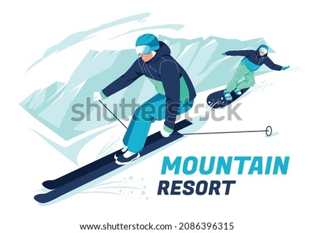 Scene of skier and snowboarder skiing on snow-covered mountain slopes or slopes. Outdoor winter sports. Cartoon flat vector illustration.
 Royalty-Free Stock Photo #2086396315