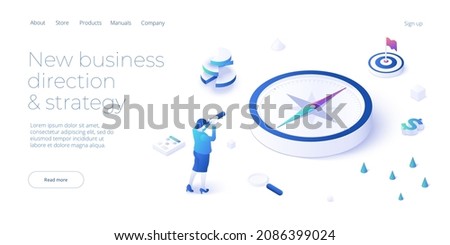 Business strategy direction and strategy vector illustration in isometric design. Strategic planning and vision concept with compass and female. Web banner layout.