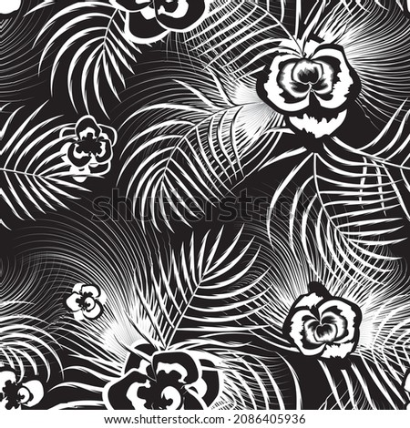 vintage abstract tropical seamless pattern with black white palm leaves and flowers plants foliage on night background. Floral background. Exotic wallpaper. Trendy summer Hawaii print. natural decor