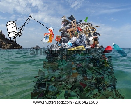 Hand drawn Sad Cartoon man Fishing near a Big pile of Garbage, on Ocean photo - collage