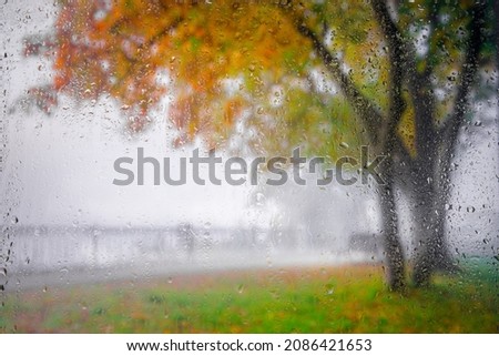 View of a blurred rainy city park in Wimledon through glass covered with rain drops. Focus on drops