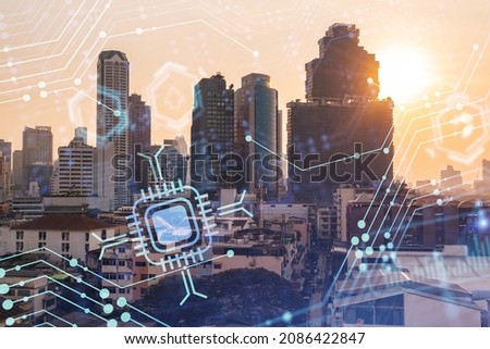 Glowing hologram of technological process, aerial panoramic cityscape of Bangkok at sunset. The largest innovative hub of tech services in Southeast Asia. Multi exposure.
