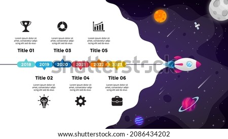 Universe background. Startup vector Infographic. Rocket launch into space. Presentation slide template. Business success diagram chart. 5 steps. Royalty-Free Stock Photo #2086434202
