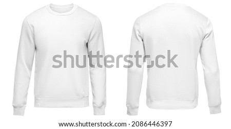 White sweatshirt template. Pullover blank with long sleeve, mockup for design and print. Sweatshirt front and back view isolated on white background Royalty-Free Stock Photo #2086446397