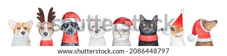Dogs and Cats wearing cute Christmas accessories, reindeer antlers and red Santa hat. Hand painted watercolour drawing, isolated clip art elements for design and Christmas holidays celebration.