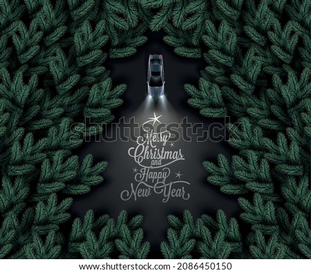 christmas tree shape jungle with car Royalty-Free Stock Photo #2086450150