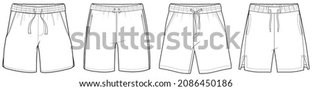 flat sketch set of mens elastic waist drawstring shorts vector illustration. CAD mockup. Royalty-Free Stock Photo #2086450186