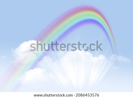 Rainbow day with pretty clouds and Blue sky. Beautiful summer time, copy space for messages. Rainbow gay concept. LGBTQ transgender symbol background. Summer rainbow landscape. 