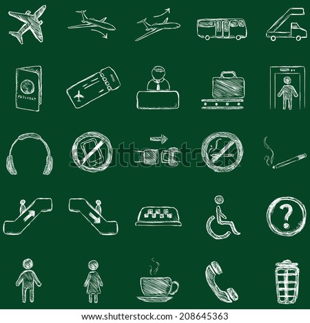  Vector Set of Sketch Airport Icons. Chalk on a Blackboard.
