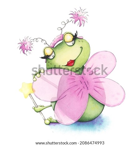 Funny frog with wings. Watercolor illustration. Green frog.