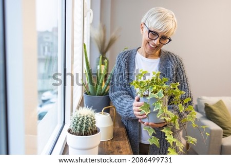 Senior Woman With Green Plants and Flowers Looking at windows. Senior woman planting flowers. Attractive middle aged woman with Potted Plant. Portrait Of Happy Mature Arranging Potted Plants Royalty-Free Stock Photo #2086499731