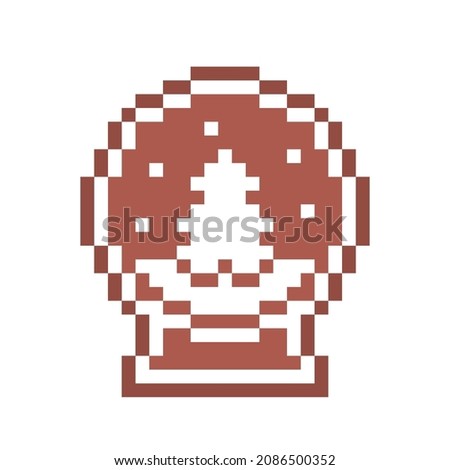Pixel art gingerbread cookie snow globe with Christmas tree decorated with white sugar icing, 8 bit food icon isolated on white background. Sweet spicy frosted biscuit. Winter holiday dessert pastry.