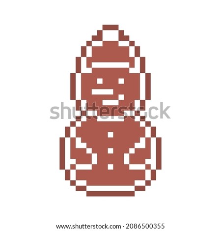 Pixel art gingerbread cookie snowman in a hat decorated with white sugar icing, 8 bit food icon isolated on white background. Spicy frosted biscuit. Christmas dessert ornament. Winter holiday pastry.