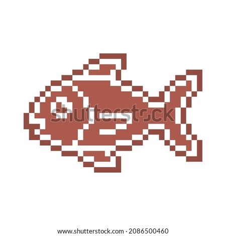 Pixel art gingerbread cookie fish decorated with white sugar icing, 8 bit food icon isolated on white background. Sweet spicy frosted biscuit. Edible ornament. Christmas dessert. Winter holiday pastry