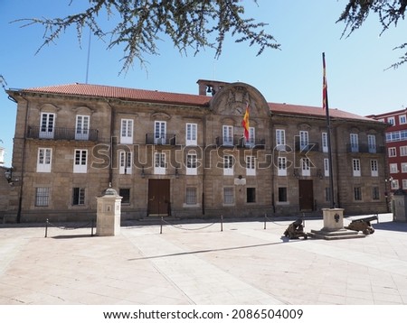 Captaincy palace on constitution square in european A Coruna city at Galicia in Spain, clear blue sky in 2019 warm sunny summer day on September. Royalty-Free Stock Photo #2086504009
