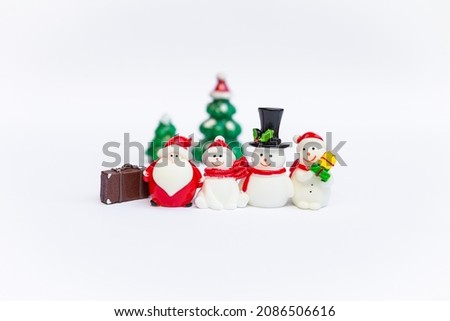 Christmas decoration item collections on white background, snowman with Santa and reindeer with Christmas tree isolate on white background, Christmas decoration item, festive season concept