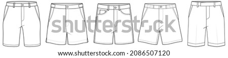chino short pant technical drawing. men's plain casual shorts with button closure fashion flat sketch vector illustration. Royalty-Free Stock Photo #2086507120