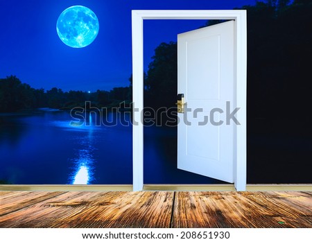 open door view night landscape with the big moon Royalty-Free Stock Photo #208651930