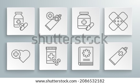 Set line Heart with a cross, Ointment cream tube medicine, Medicine bottle and pills, Medical book, Crossed bandage plaster and  icon. Vector
