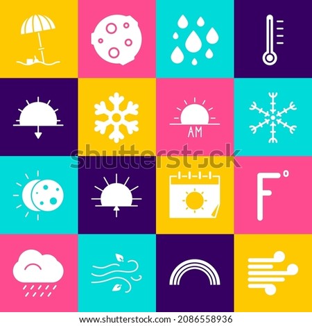 Set Wind, Fahrenheit, Snowflake, Water drop, Sunset, protective umbrella for beach and Sunrise icon. Vector