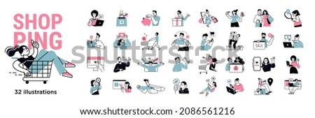 Shopping concept illustrations. Set of illustrations of men and women in various activities of online shopping, ecommerce, sale, product order and delivery. Vector for graphic and web design. Royalty-Free Stock Photo #2086561216